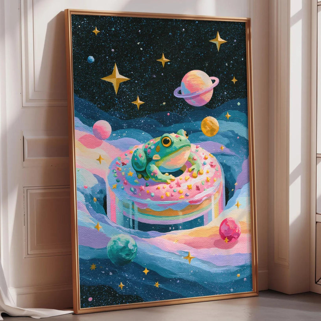 The image is a vibrant and whimsical painting depicting a frog sitting on a colorful donut, surrounded by planets and stars in a cosmic setting.