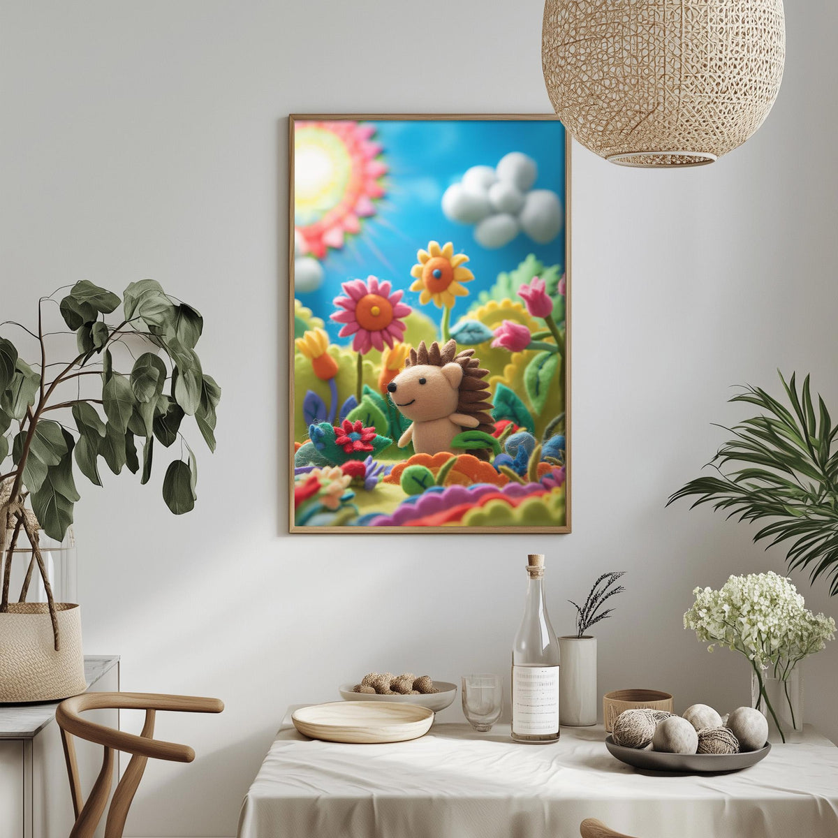 a vibrant and whimsical painting of a hedgehog surrounded by a colorful garden scene, with flowers, plants, and a bright blue sky in the background.