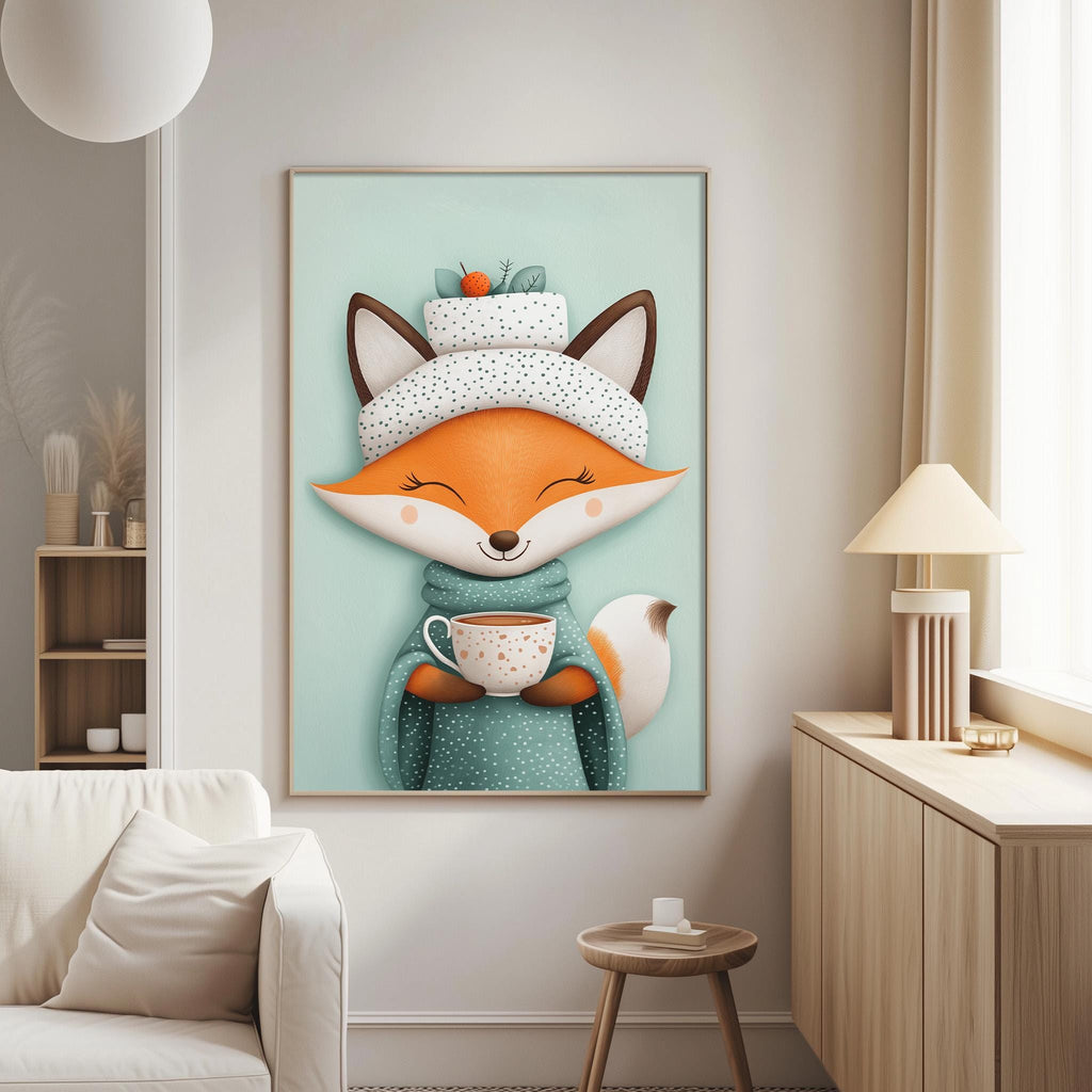 a cozy living room with a large framed picture of a cartoon fox holding a cup of tea on the wall.