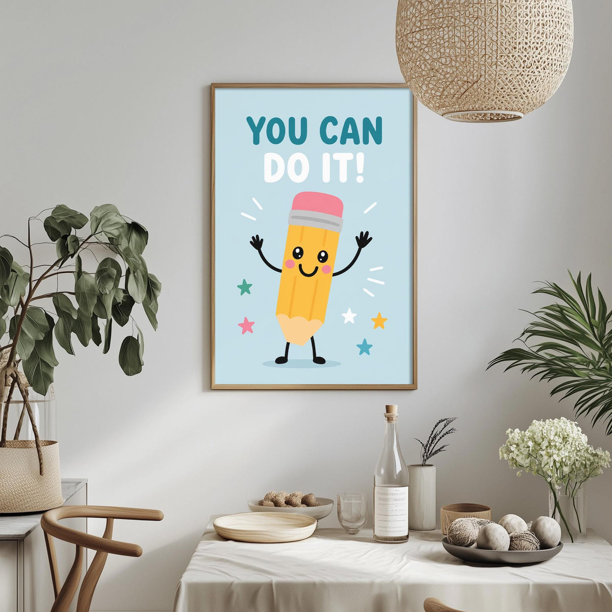 a framed poster with a cartoon pencil and the text "YOU CAN DO IT!" hanging on a wall above a dining table with various items on it.