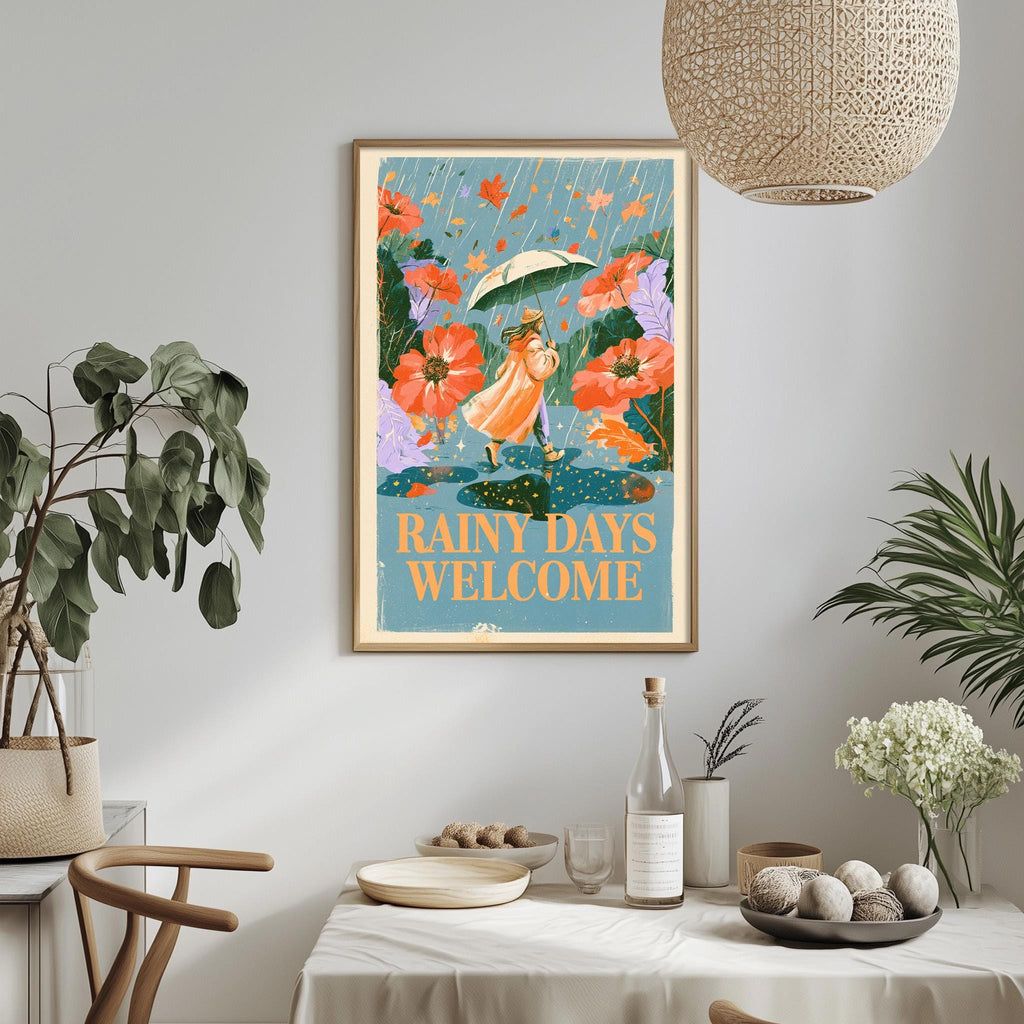 a framed poster with a woman holding an umbrella and surrounded by flowers, with the text "Rainy days welcome" displayed on the poster. The poster is hanging on a wall, and there is a dining table with a bowl, a bottle, and some plants in the foreground.