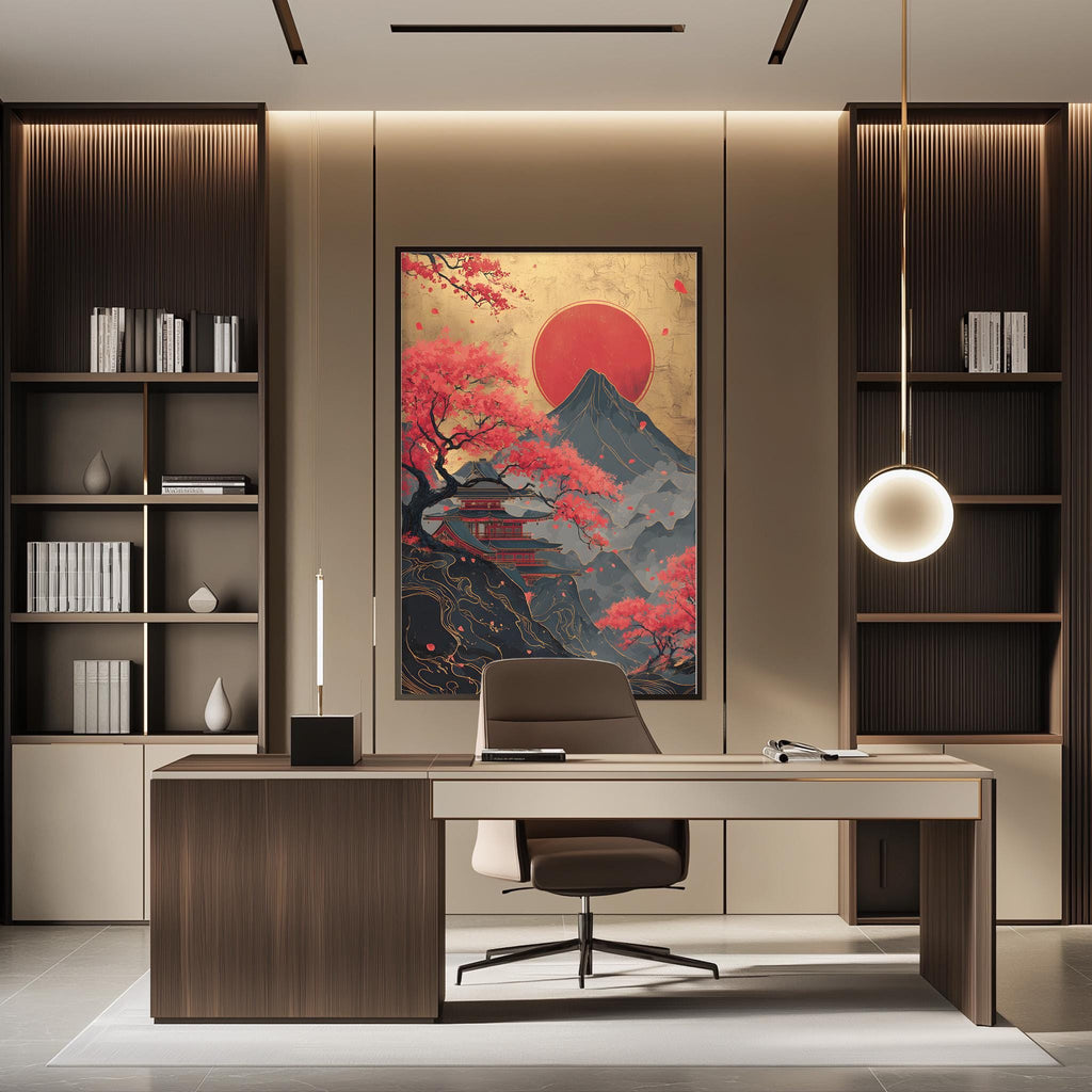 a modern and minimalist office space with a large framed artwork of a cherry blossom tree and a mountain in the background, creating a serene and tranquil atmosphere.