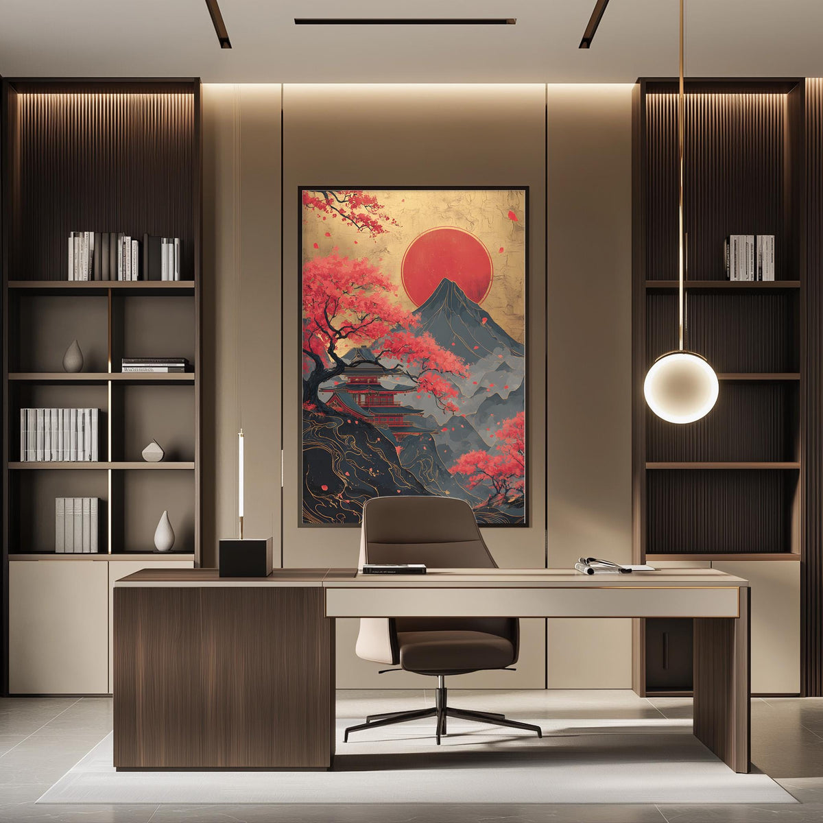 a modern and minimalist office space with a large framed artwork of a cherry blossom tree and a mountain in the background, creating a serene and tranquil atmosphere.