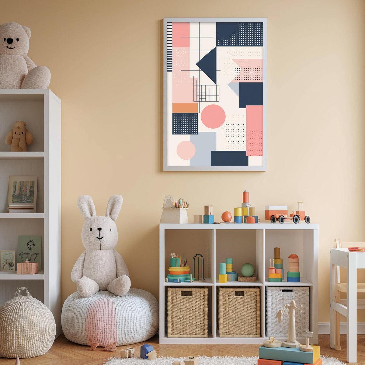 A child's bedroom with a white bookshelf, a stuffed rabbit, and a colorful abstract painting on the wall.