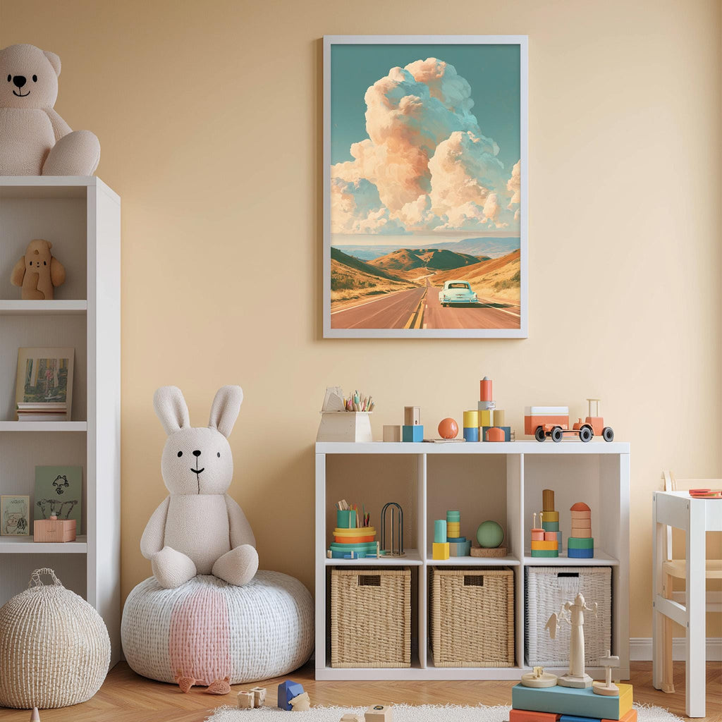 A cozy children's room with a large stuffed bunny, a bookshelf, and a toy car on a shelf. The walls are painted a light peach color, and there is a framed picture of a road with a car and clouds hanging on the wall.