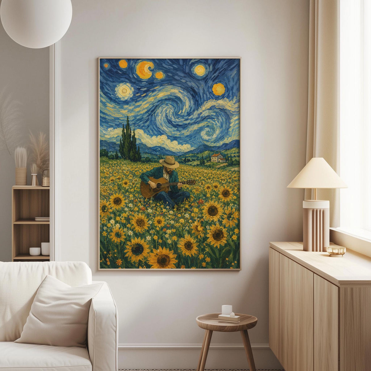 a large painting of a man playing guitar in a field of sunflowers, with a starry night sky in the background.