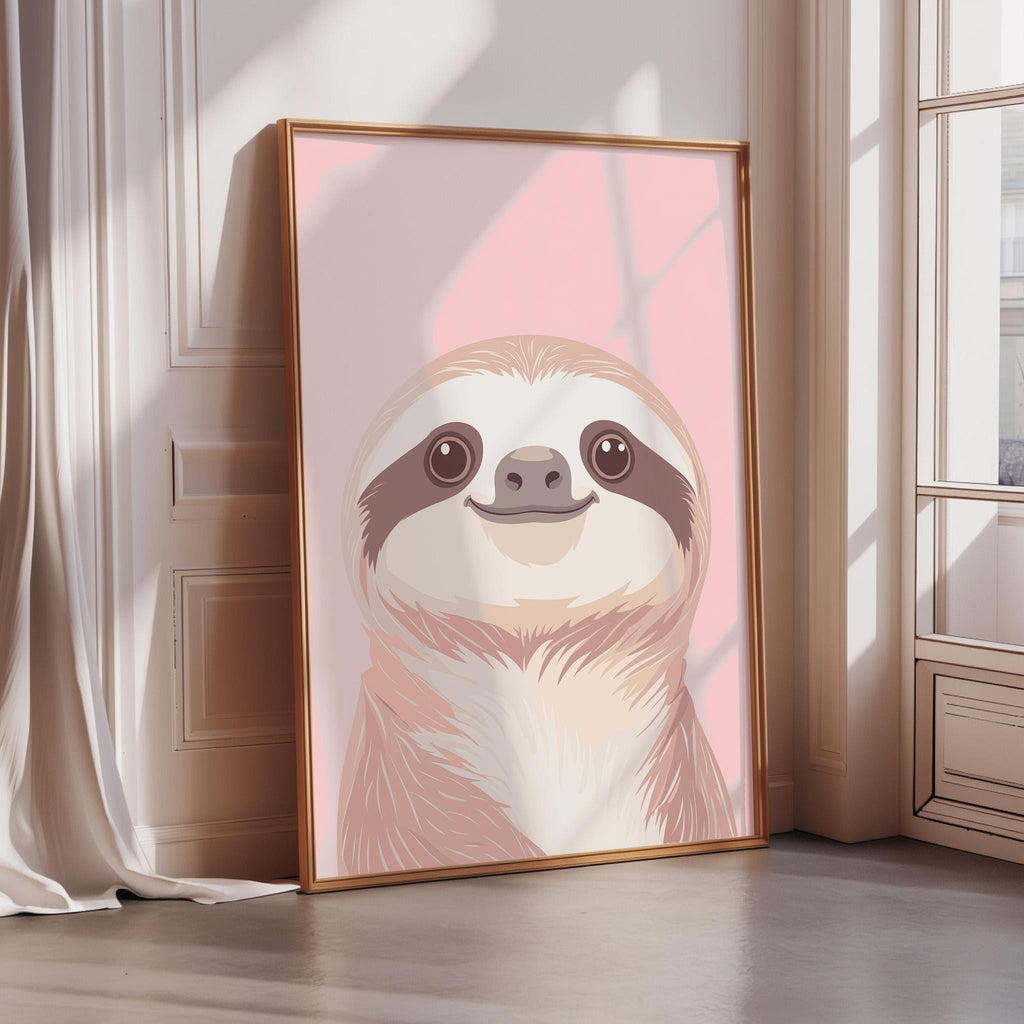 A framed illustration of a sloth is displayed in a room with a window and a white curtain.