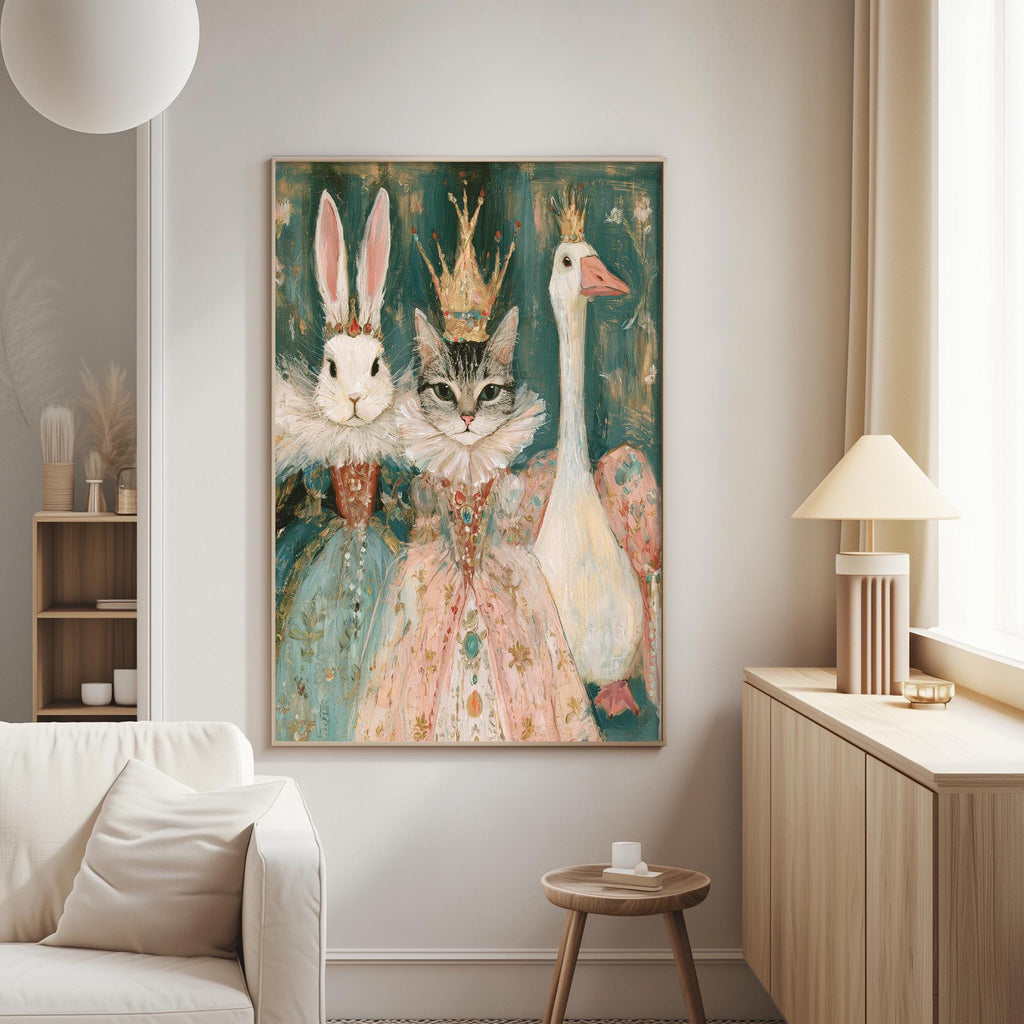 a large painting of a cat, a rabbit, and a duck dressed in elaborate costumes, including a crown, in a cozy living room setting.