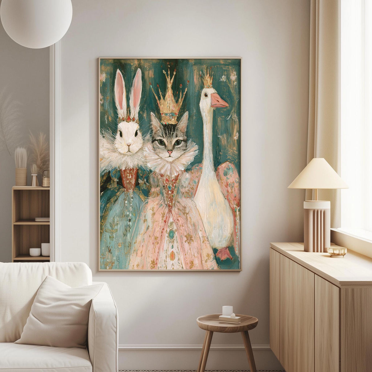 a large painting of a cat, a rabbit, and a duck dressed in elaborate costumes, including a crown, in a cozy living room setting.