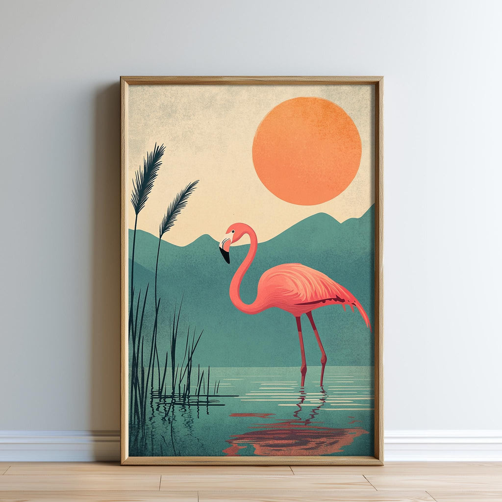 A framed illustration depicting a pink flamingo standing in a body of water, with a large orange sun in the background.