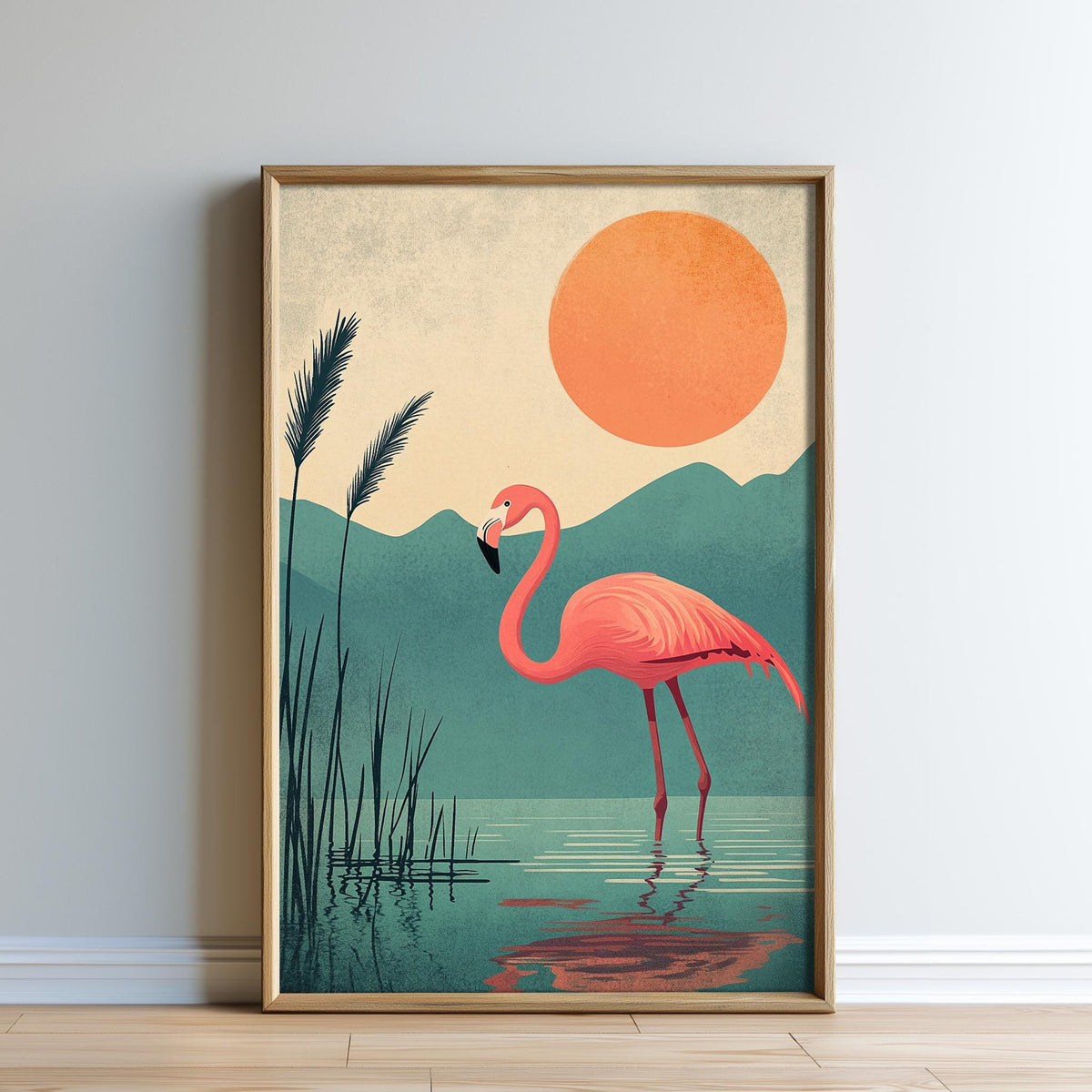 A framed illustration depicting a pink flamingo standing in a body of water, with a large orange sun in the background.