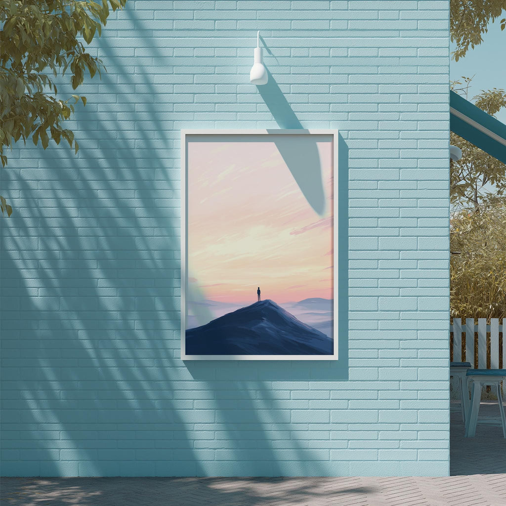 a blue brick wall with a framed picture of a mountain landscape hanging on it. The picture depicts a lone person standing on a mountain peak, overlooking a valley below.