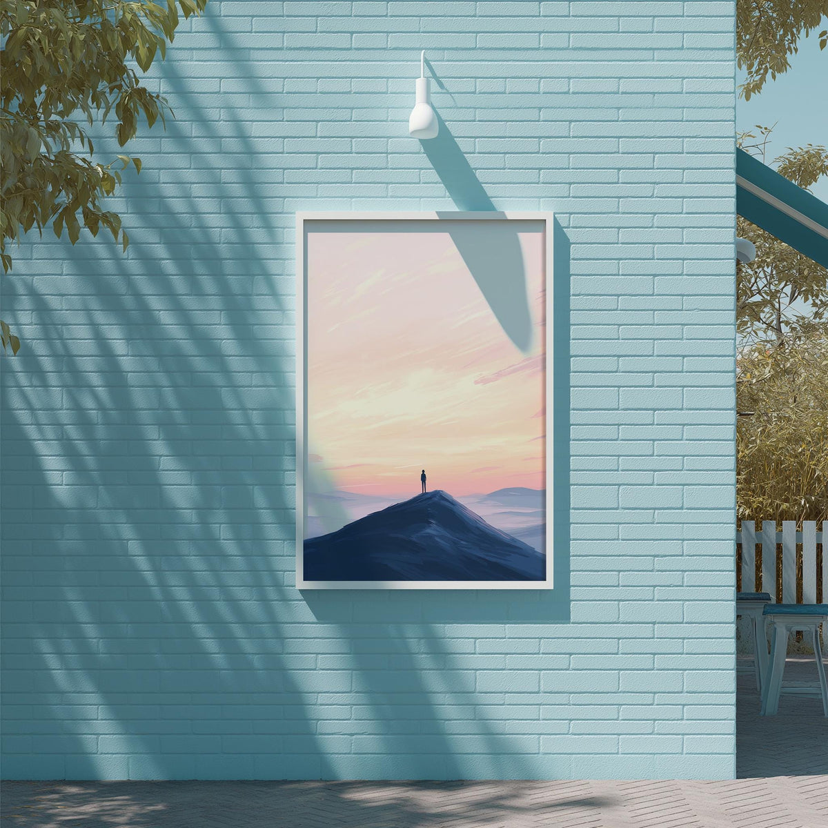 a blue brick wall with a framed picture of a mountain landscape hanging on it. The picture depicts a lone person standing on a mountain peak, overlooking a valley below.