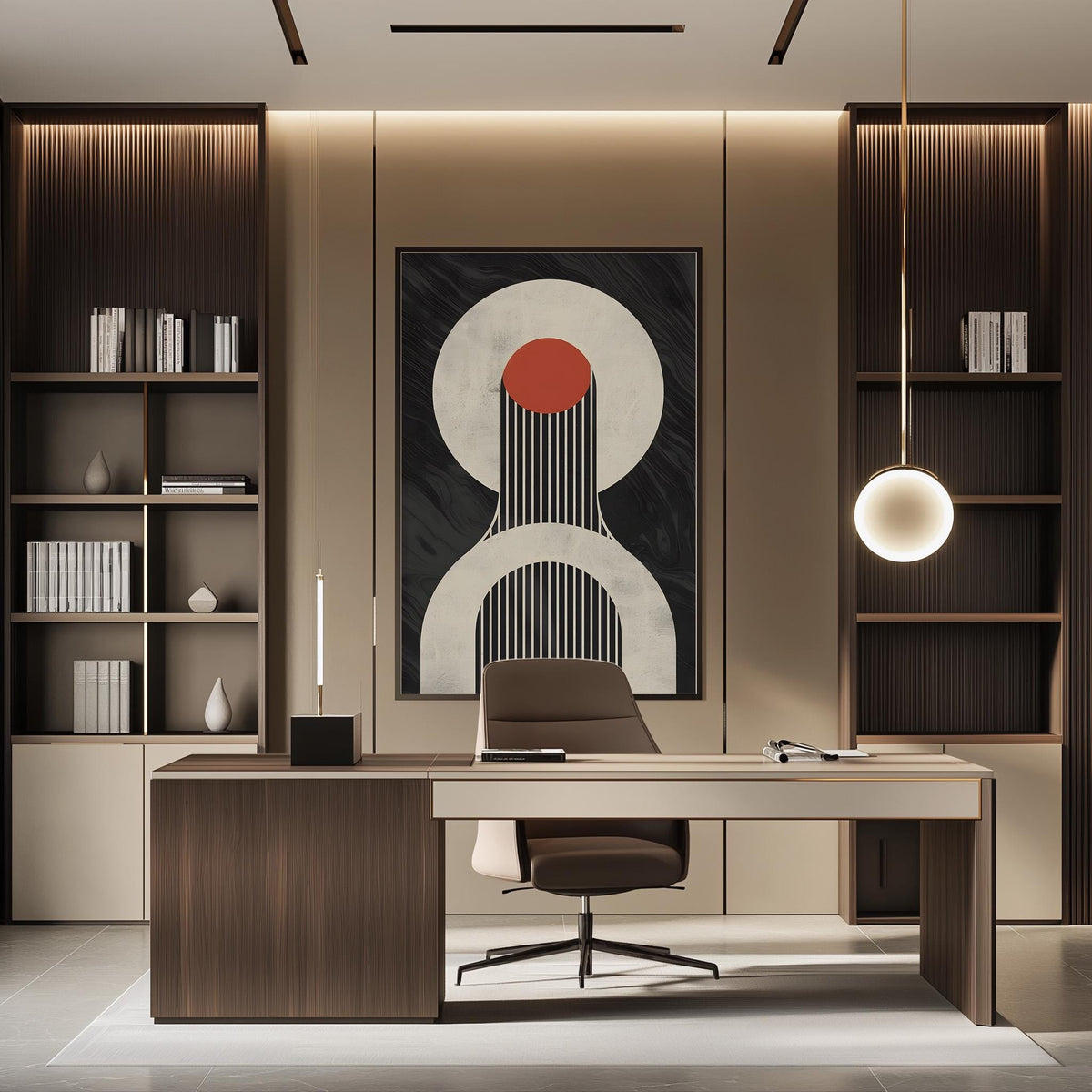 a modern and minimalist office space with a large abstract painting on the wall, a wooden desk with a chair, and built-in bookshelves.
