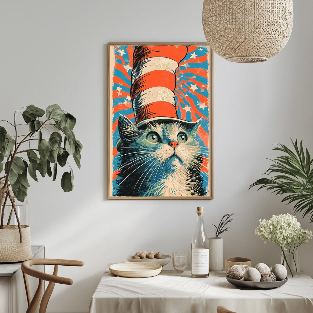 a framed poster of a cat wearing a red, white, and blue striped hat, with a starry background. The cat appears to be looking directly at the camera. The poster is hanging on a wall, and there are some plants and decorative items in the foreground, including a bowl and a bottle.