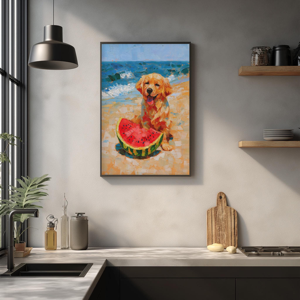 a framed painting of a golden retriever dog sitting on a beach and holding a slice of watermelon.