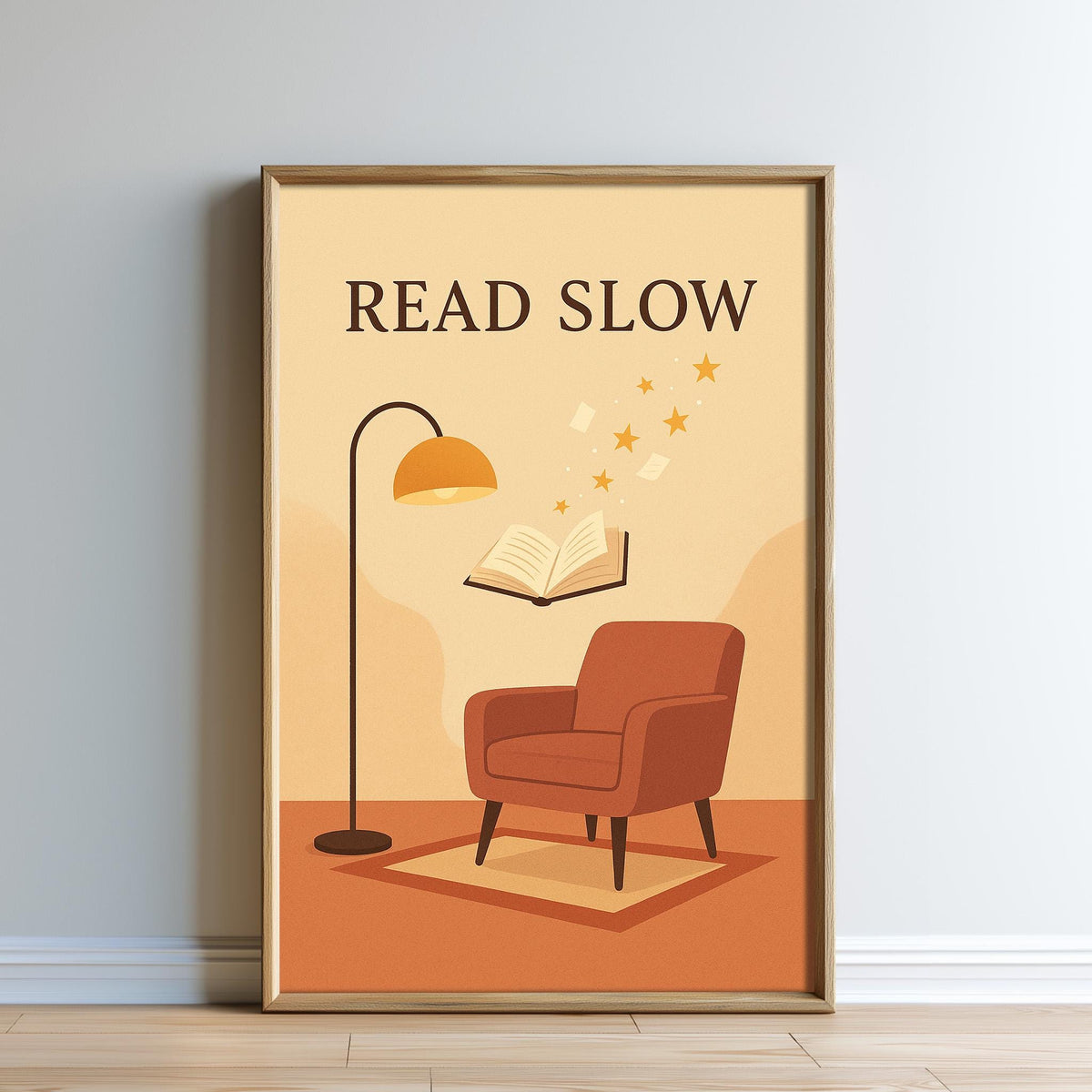 The image is a framed poster with a lamp, a book, and a chair, along with the text "READ SLOW" and some stars.