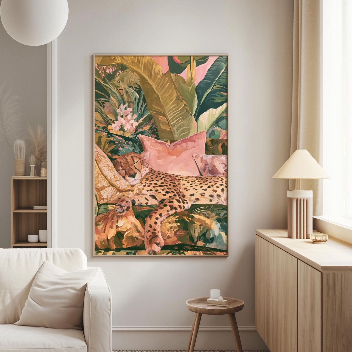 a large, colorful painting of a leopard resting on a bed of tropical foliage, hanging on a wall in a living room setting.