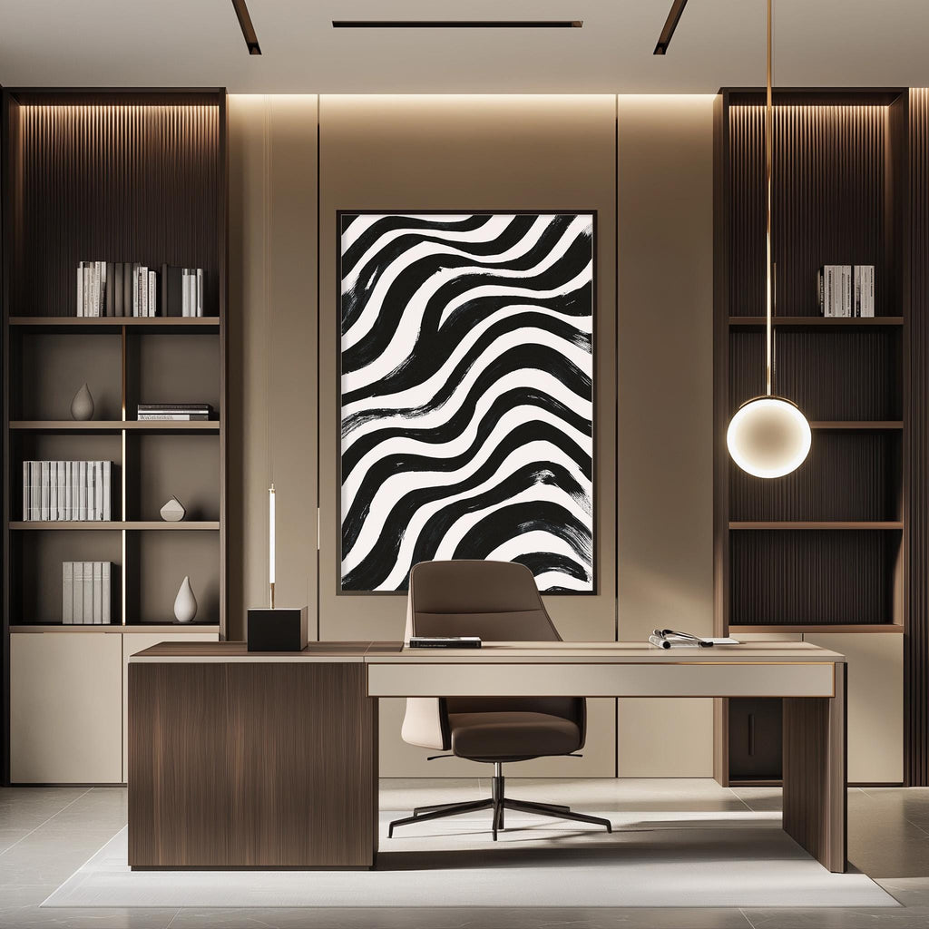 a modern and stylish office space with a large wooden desk, a comfortable leather chair, and a striking black and white abstract painting on the wall.
