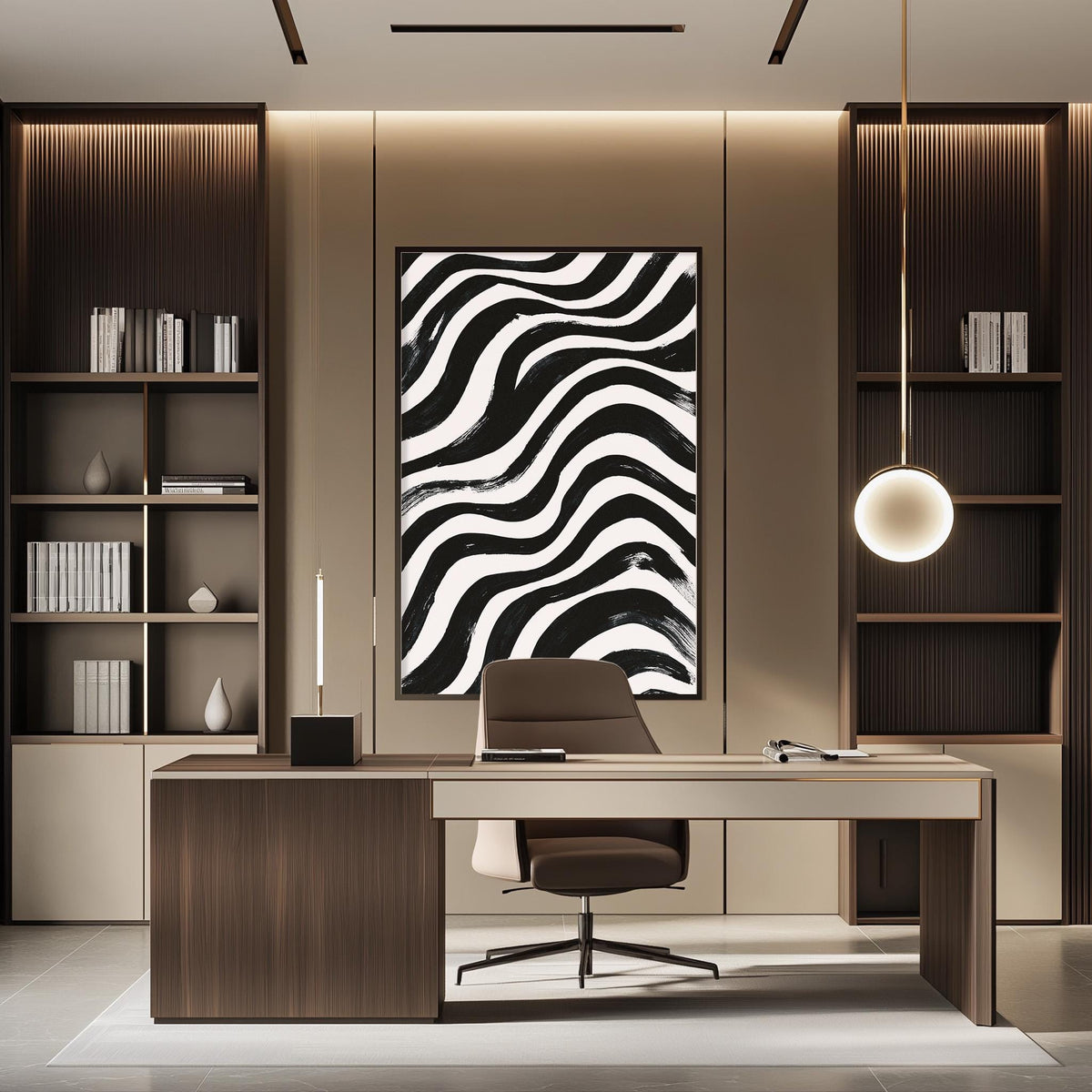 a modern and stylish office space with a large wooden desk, a comfortable leather chair, and a striking black and white abstract painting on the wall.