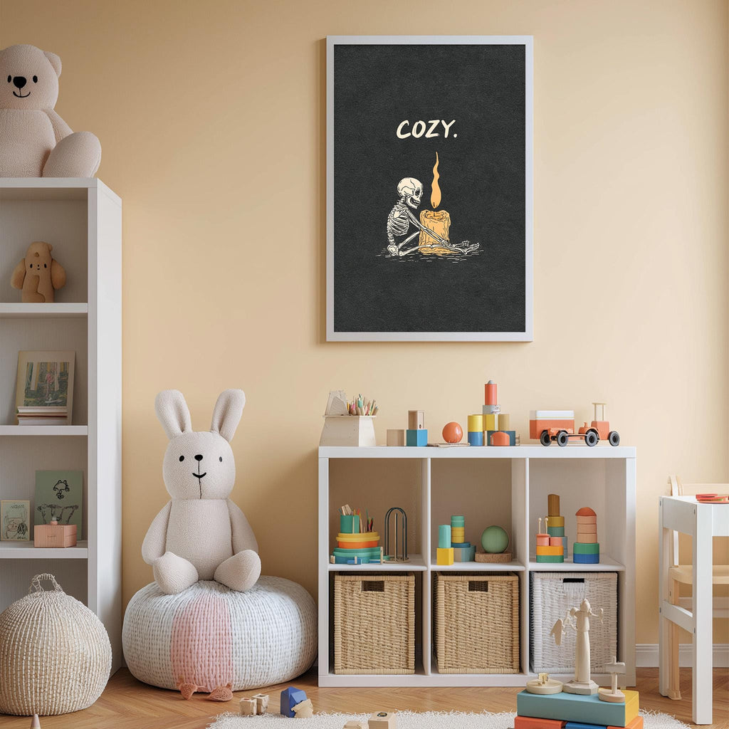 A cozy children's room with a skeleton sitting by a lit candle, surrounded by toys and storage bins.