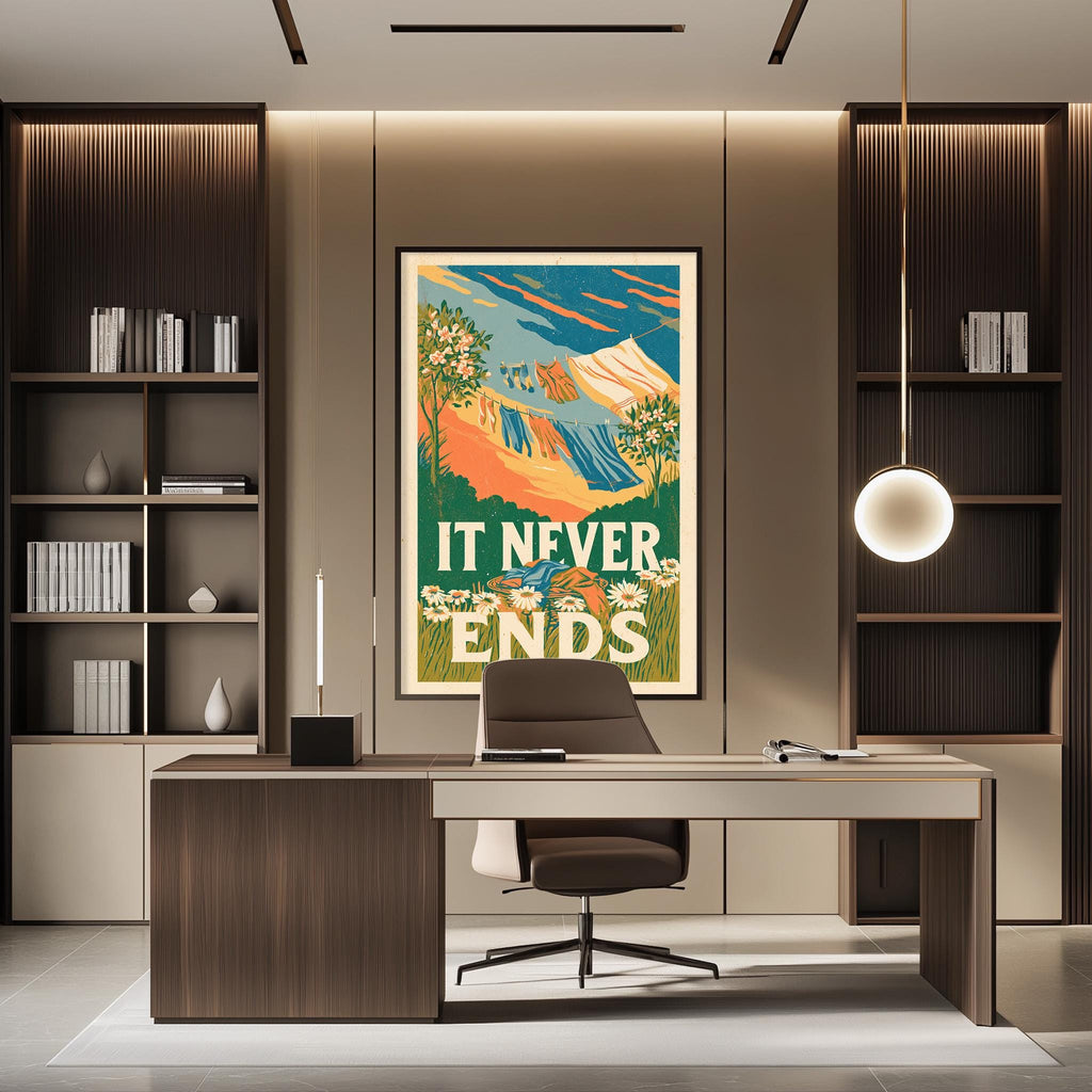 a modern office space with a large framed poster on the wall that reads "IT NEVER ENDS". The office has a wooden desk, a chair, and a bookshelf filled with books. The overall design and decor create a professional and stylish atmosphere.