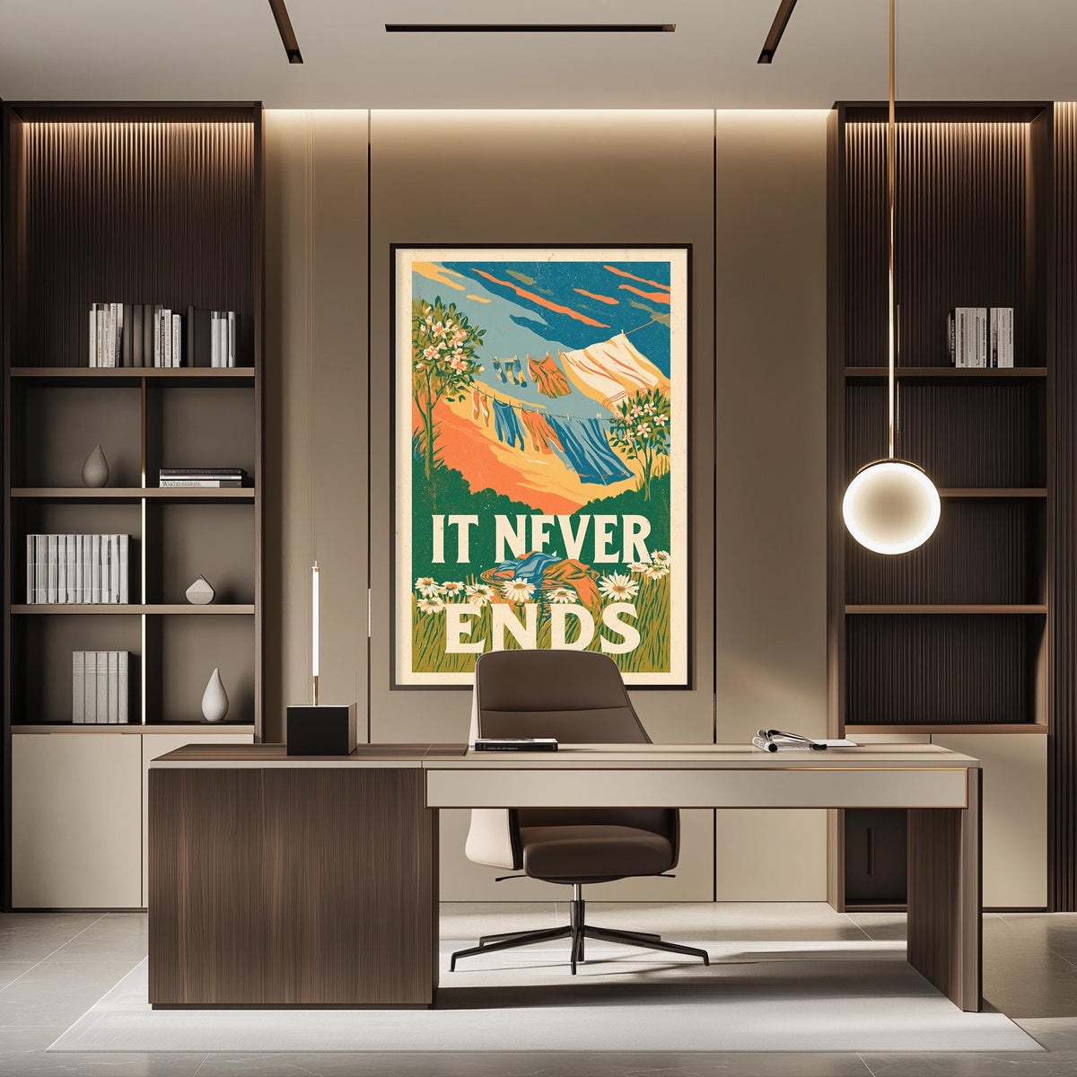 a modern office space with a large framed poster on the wall that reads "IT NEVER ENDS". The office has a wooden desk, a chair, and a bookshelf filled with books. The overall design and decor create a professional and stylish atmosphere.
