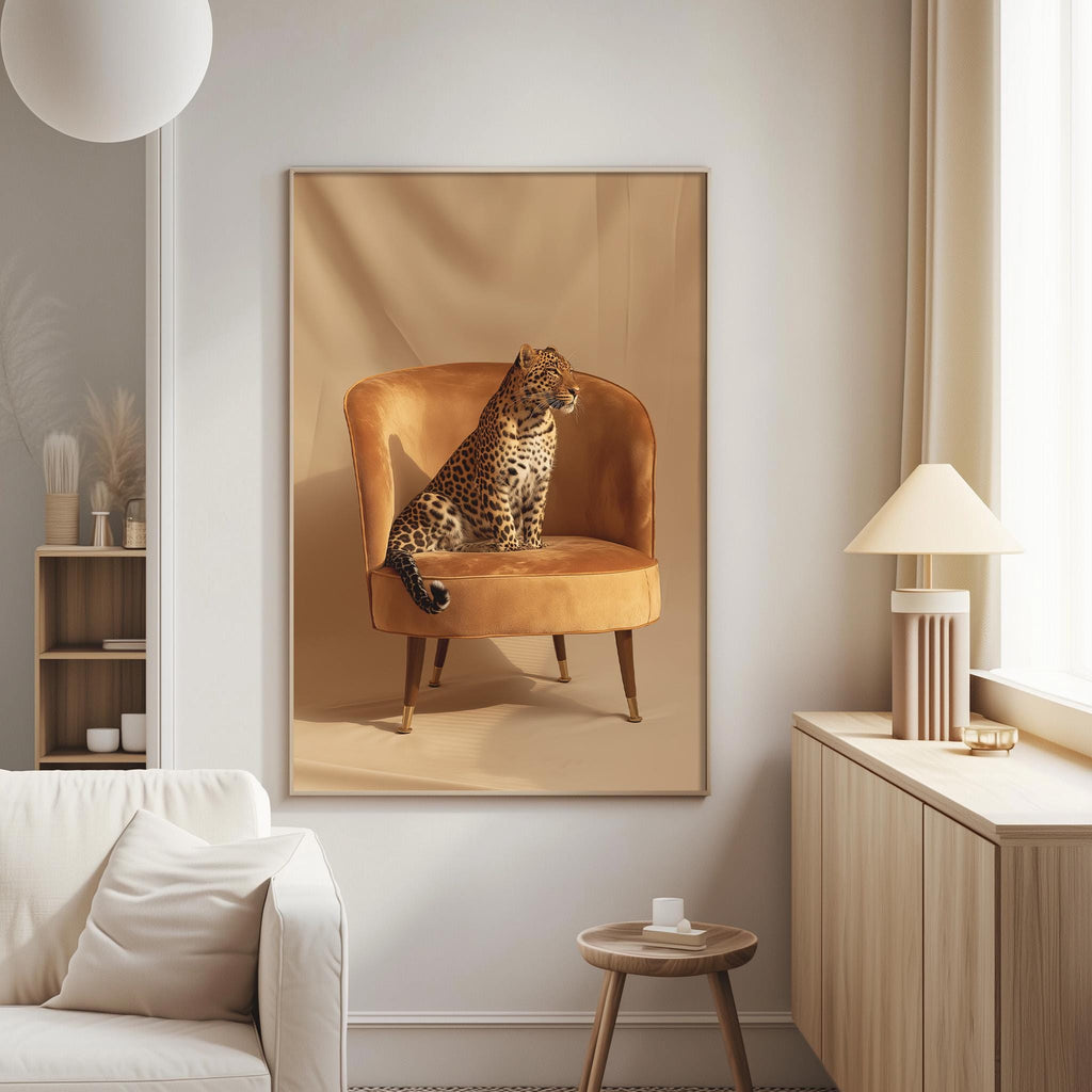 a large, framed picture of a leopard sitting in an orange armchair, which is hanging on a wall in a living room.