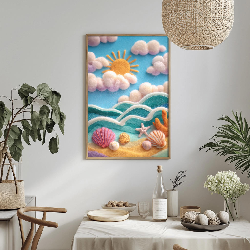 a framed painting of a beach scene with a blue sky, clouds, and a sun, as well as various seashells and a starfish. The painting is hung on a wall above a dining table with a vase of flowers, a bottle, and a bowl of fruit.