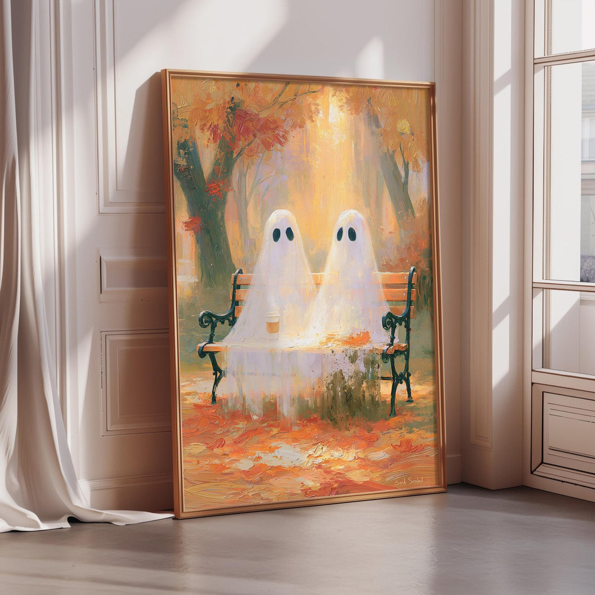 The image is a painting depicting two ghostly figures sitting on a bench in a park, surrounded by autumn foliage.