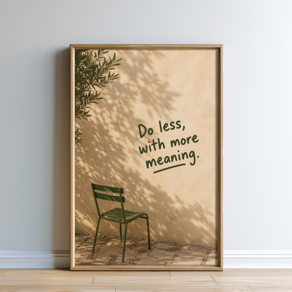 a green chair against a wall with the text "Do less, with more meaning."