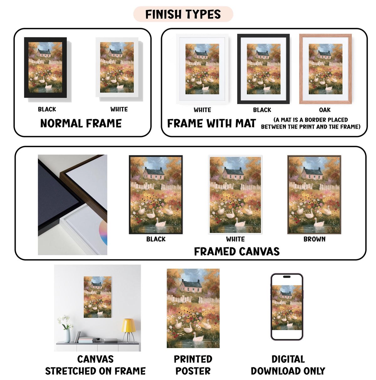various types of artwork, including paintings, framed prints, and digital art, each with different finishes and frame styles.