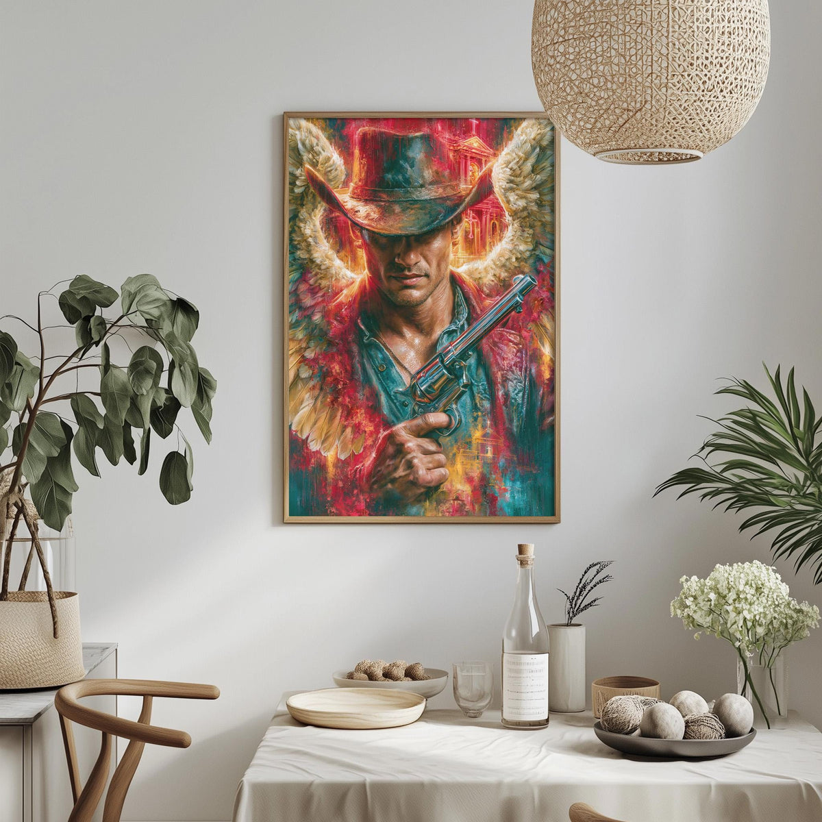 a vibrant painting of a man in a cowboy hat holding a gun, hanging on a wall above a dining table with various decorative items and plants.