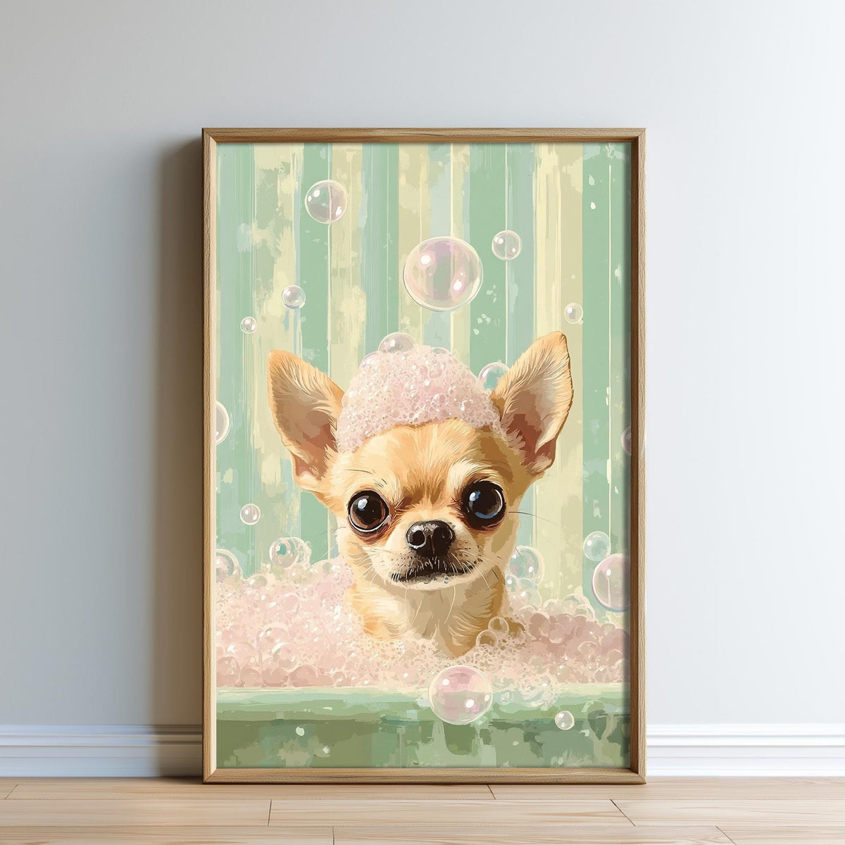 A framed painting depicting a small dog with large eyes and a pink bubble bath, surrounded by bubbles.