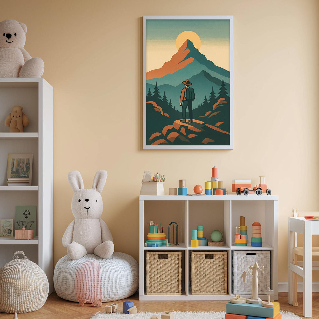 A child's bedroom with a large mountain landscape painting on the wall, a stuffed rabbit, a toy shelf with various toys, and a storage unit with toys and other items.