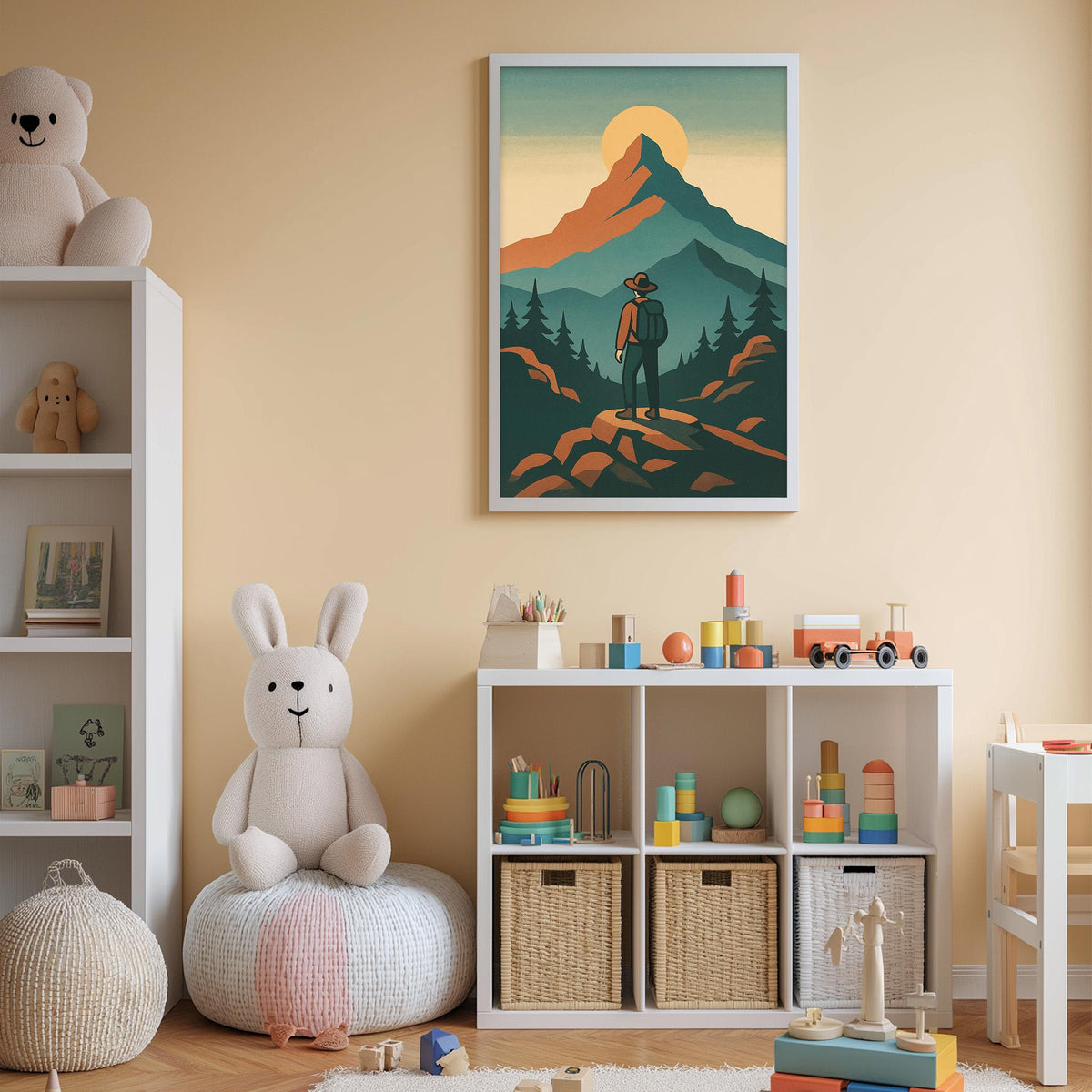 A child's bedroom with a large mountain landscape painting on the wall, a stuffed rabbit, a toy shelf with various toys, and a storage unit with toys and other items.