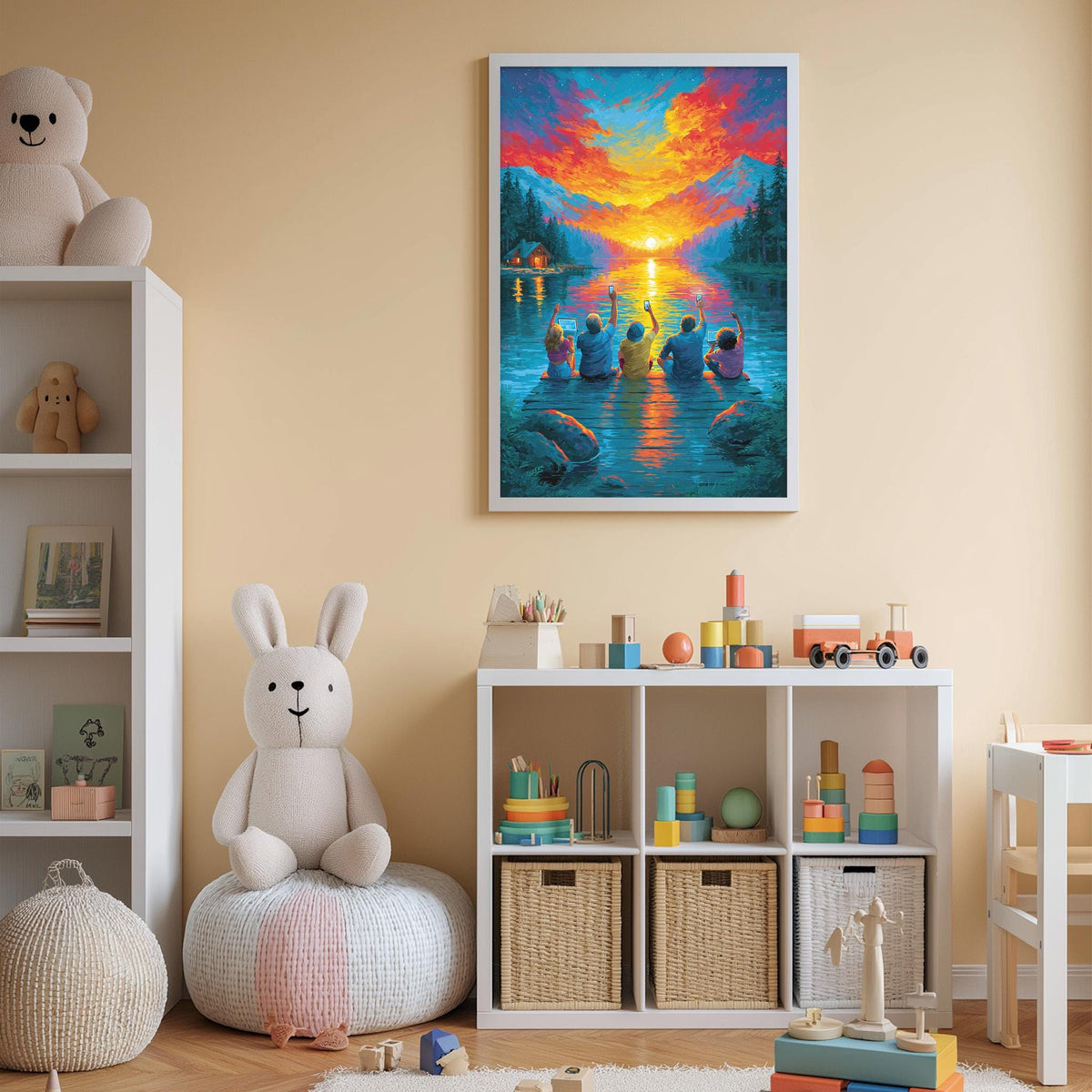 A child's bedroom with a large painting of a sunset over a lake hanging on the wall, a white bookshelf filled with toys, and a stuffed rabbit sitting on a bean bag chair.