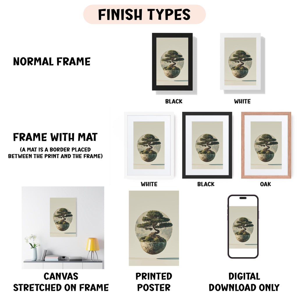 various types of framed artwork, including a normal frame, a frame with a mat, a white frame, a black frame, a white frame, a black frame, an oak frame, a canvas stretched on a frame, a printed poster, and a digital download only.