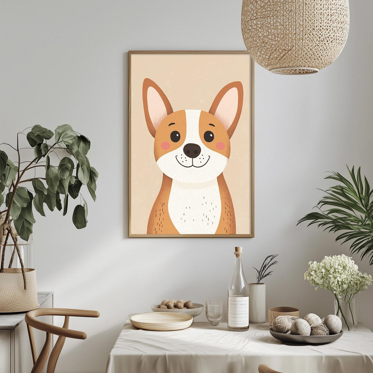 a cozy dining area with a table set for two, a potted plant, a hanging light fixture, and a framed picture of a dog on the wall.