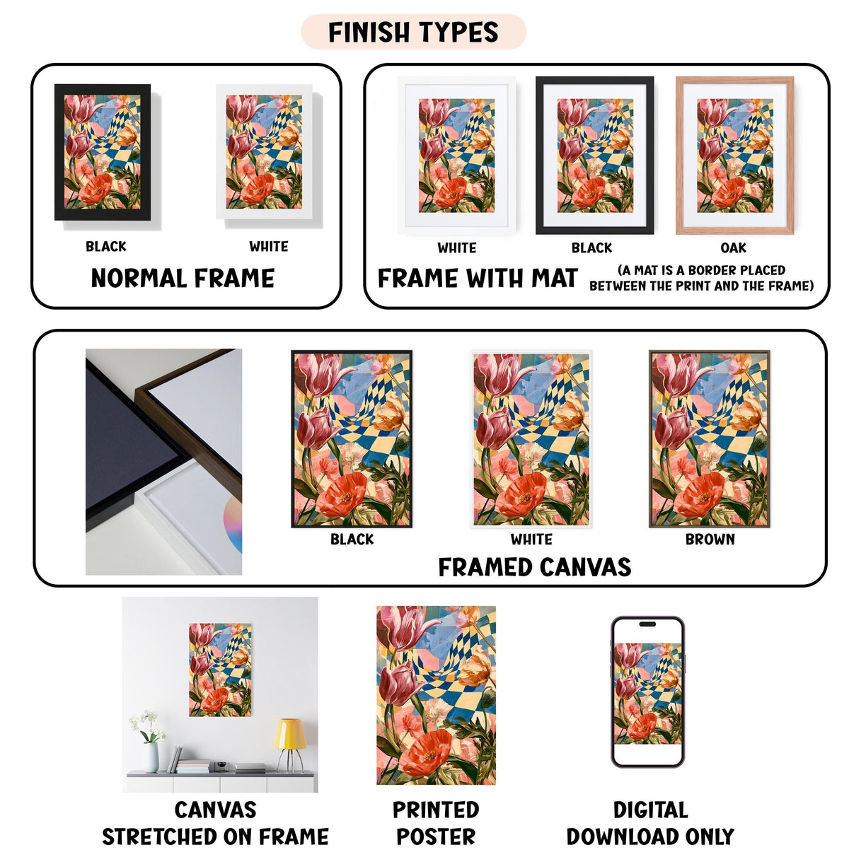 various types of artwork, including paintings, framed prints, and digital art, each with different finishes and frame types.