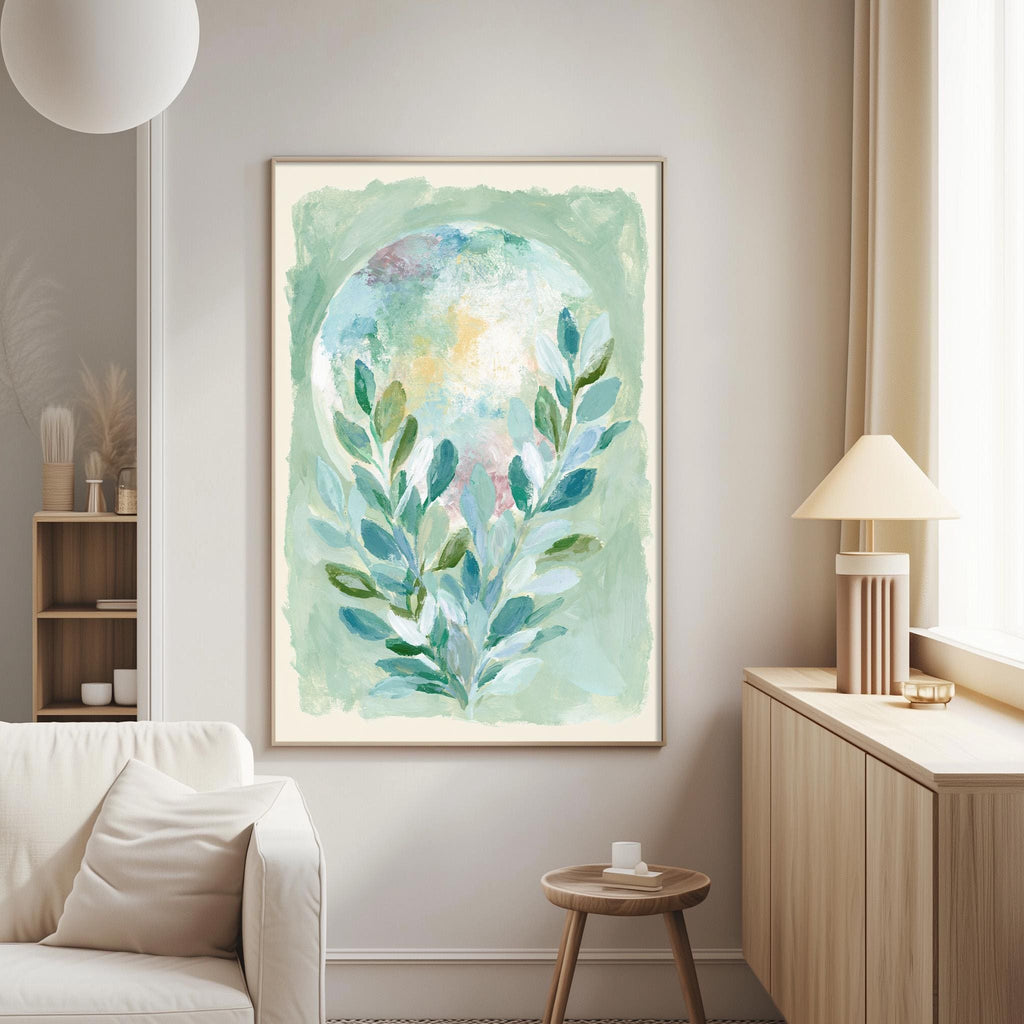 a living room with a large painting of green leaves hanging on the wall. The painting is framed in a white frame and is the focal point of the room. The room also includes a white sofa, a wooden side table, and a lamp on a wooden cabinet.