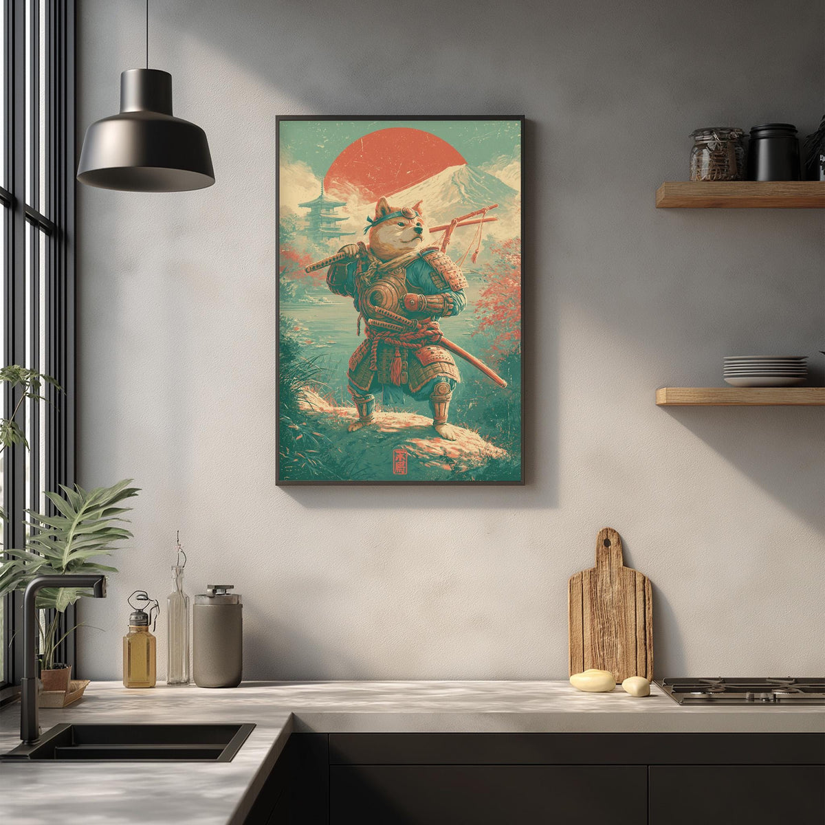 a kitchen counter with various items, including a framed artwork depicting a warrior figure, a wooden cutting board, and a potted plant.