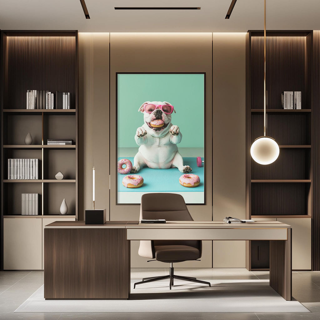 a modern office space with a large framed poster of a dog sitting on a desk, surrounded by various books and a computer.