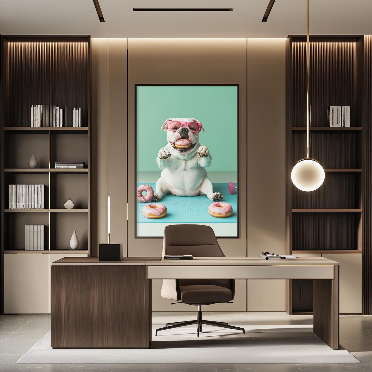 a modern office space with a large framed poster of a dog sitting on a desk, surrounded by various books and a computer.