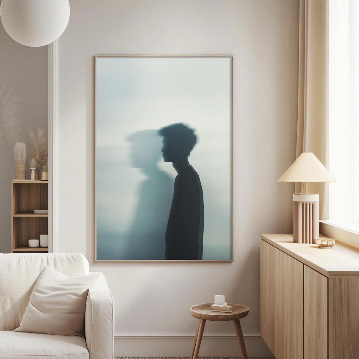 a living room with a large framed artwork of a person's silhouette on the wall, a white sofa, a wooden side table, and a lamp on a wooden cabinet.