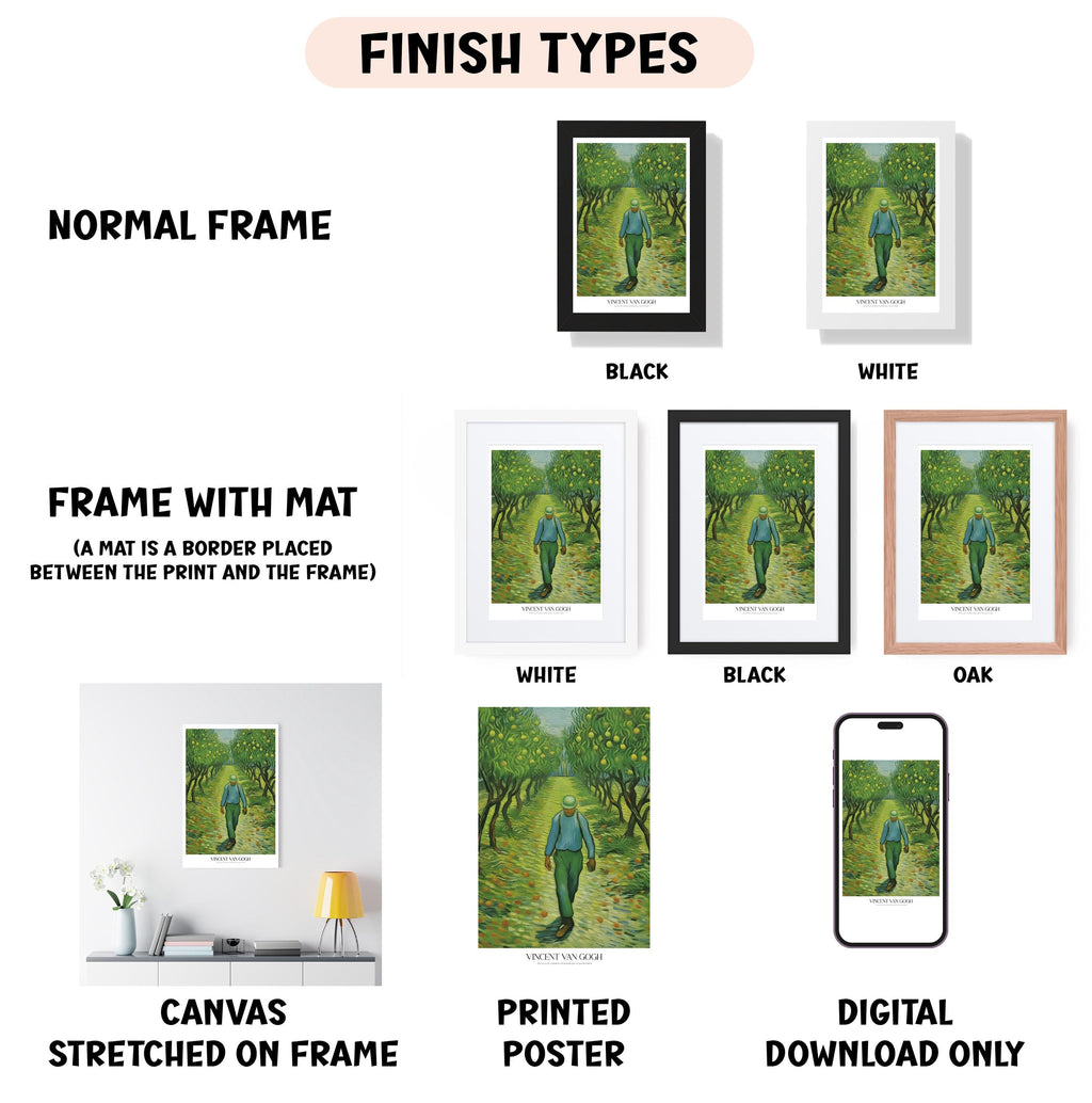 various types of artwork, including a normal frame, a frame with a mat, a white frame, a black frame, a white frame, a black frame, an oak frame, a canvas stretched on a frame, a printed poster, and a digital download only.