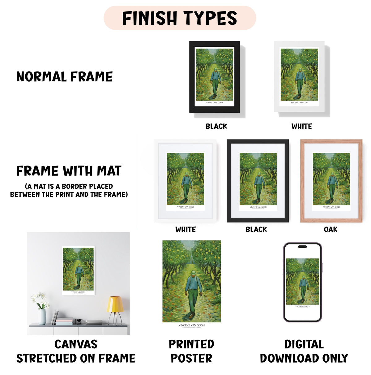 various types of artwork, including a normal frame, a frame with a mat, a white frame, a black frame, a white frame, a black frame, an oak frame, a canvas stretched on a frame, a printed poster, and a digital download only.