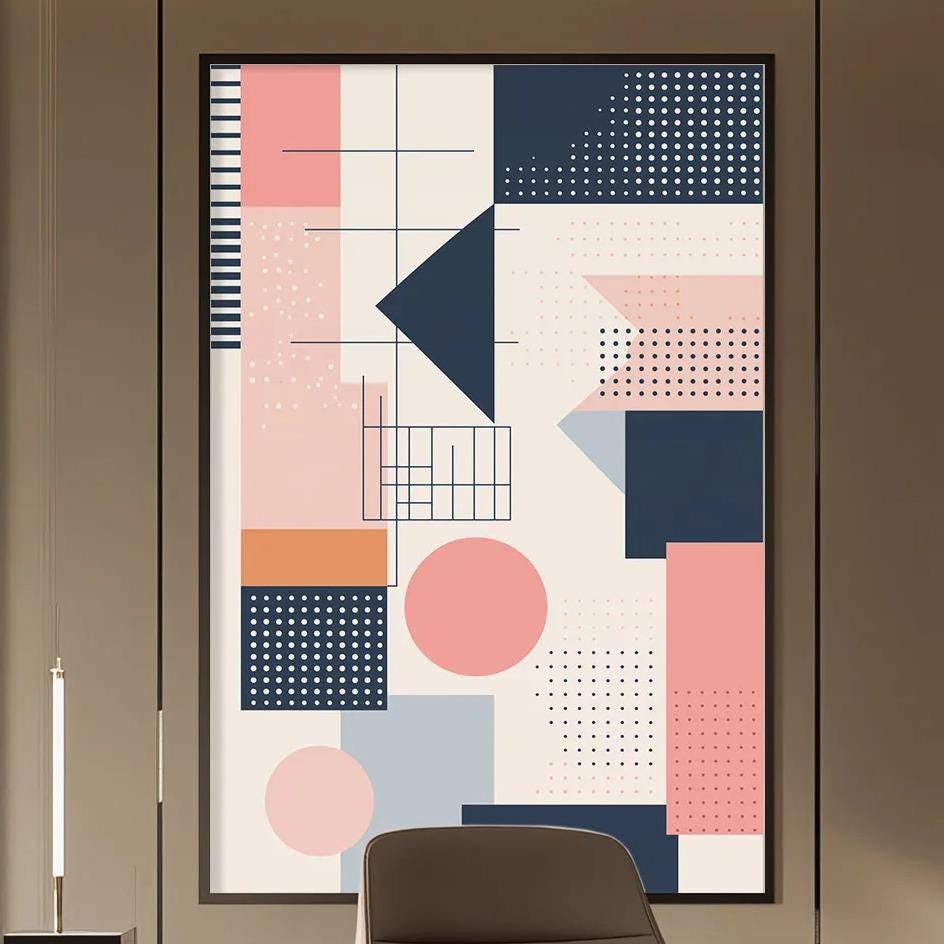 a modern and stylish office space with a large abstract painting on the wall, a wooden desk with a chair, and built-in bookshelves.