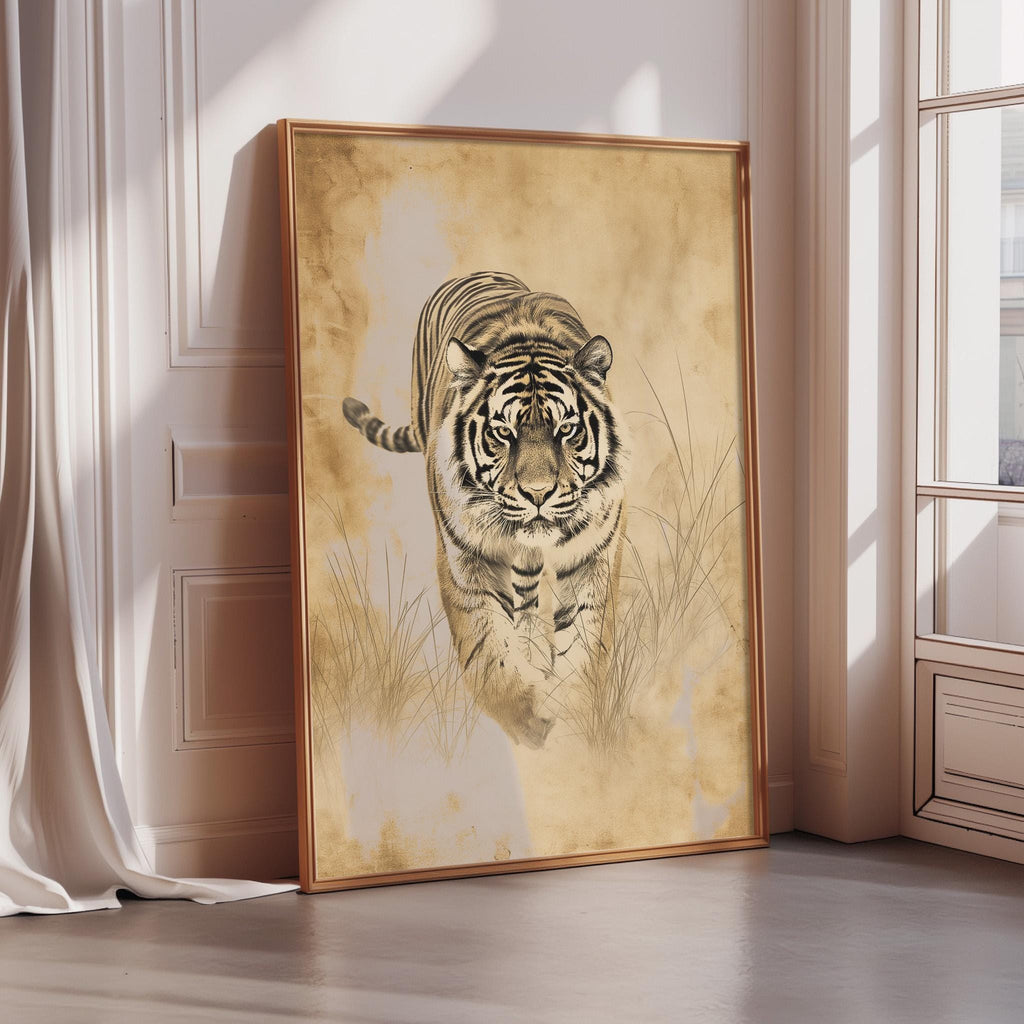 a large framed painting of a tiger walking through tall grass.