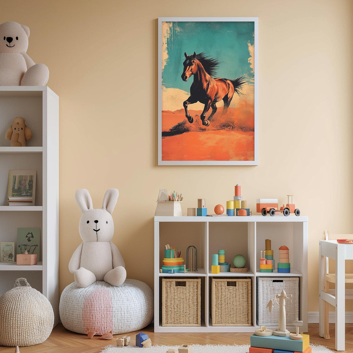 A child's bedroom with a large horse painting on the wall, a stuffed rabbit, a toy shelf with various toys, and a woven basket.